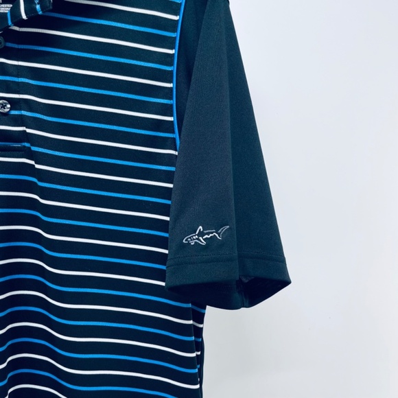 Greg Norman Shirt Size M Men’s Short Sleeve Polo Blue Striped Shark Golf - Picture 8 of 9